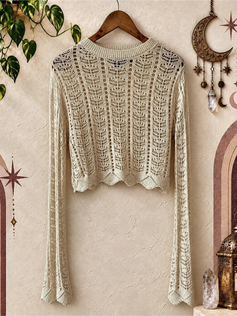 Forever 21 Cream Crochet Crop Sweater L